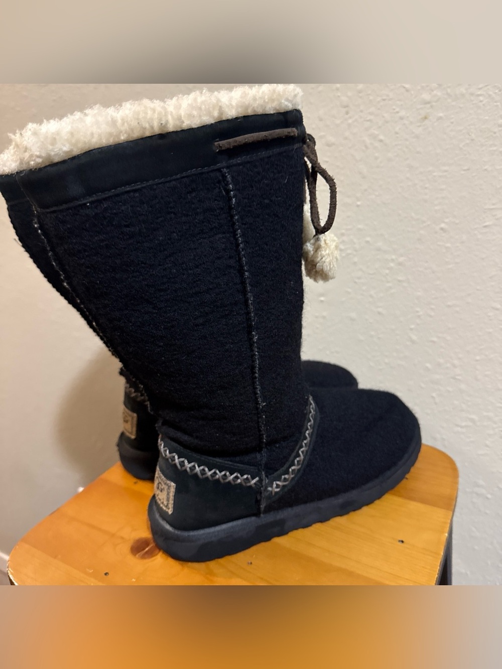 UGG Australia tall suede Black Winter Boots with Sherpa Trim and Pom Tie